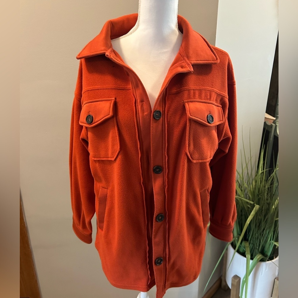 Rust Fleece Shacket Womens Oversized Button Shirt Jacket Utility soft lounge - Picture 2 of 12